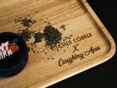 Cannabis flower on wooden tray, Coughing Apes Weed Cafe, Bang Na, Bangkok, Thailand.