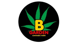 Black circle logo featuring a green cannabis leaf with a yellow "B" and the text "GARDEN" and "CANNABIS FARM" in red and yellow.