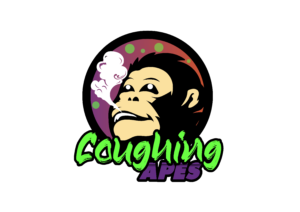 Ape head exhaling smoke, above the words "Coughing Apes.