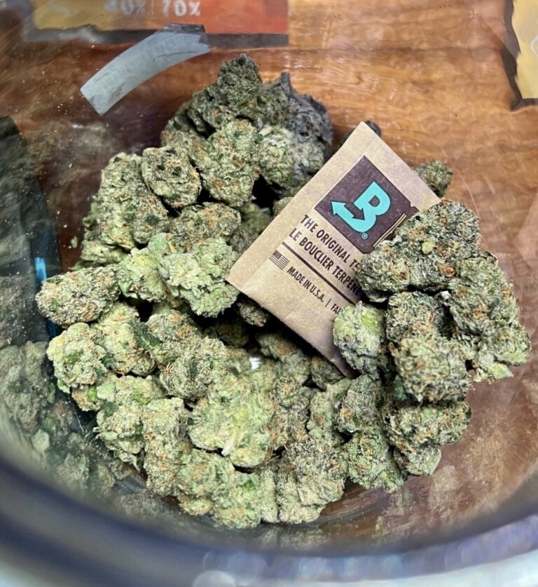 Jar filled with cannabis buds and an LB terpenes card.