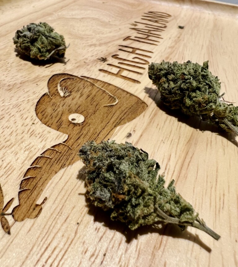 Three cannabis buds on a wooden tray with 
