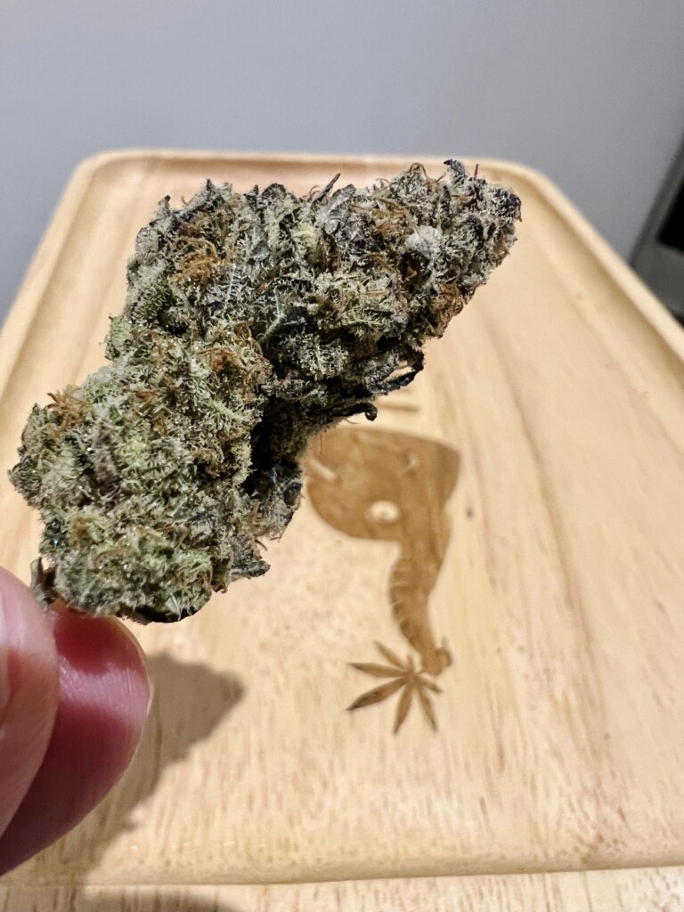 Hand holding a cannabis bud over a wooden tray with a marijuana leaf design.