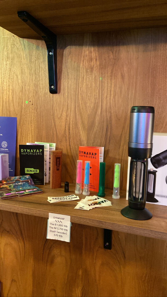 Shelf display of Dynavap vaporizers and accessories.