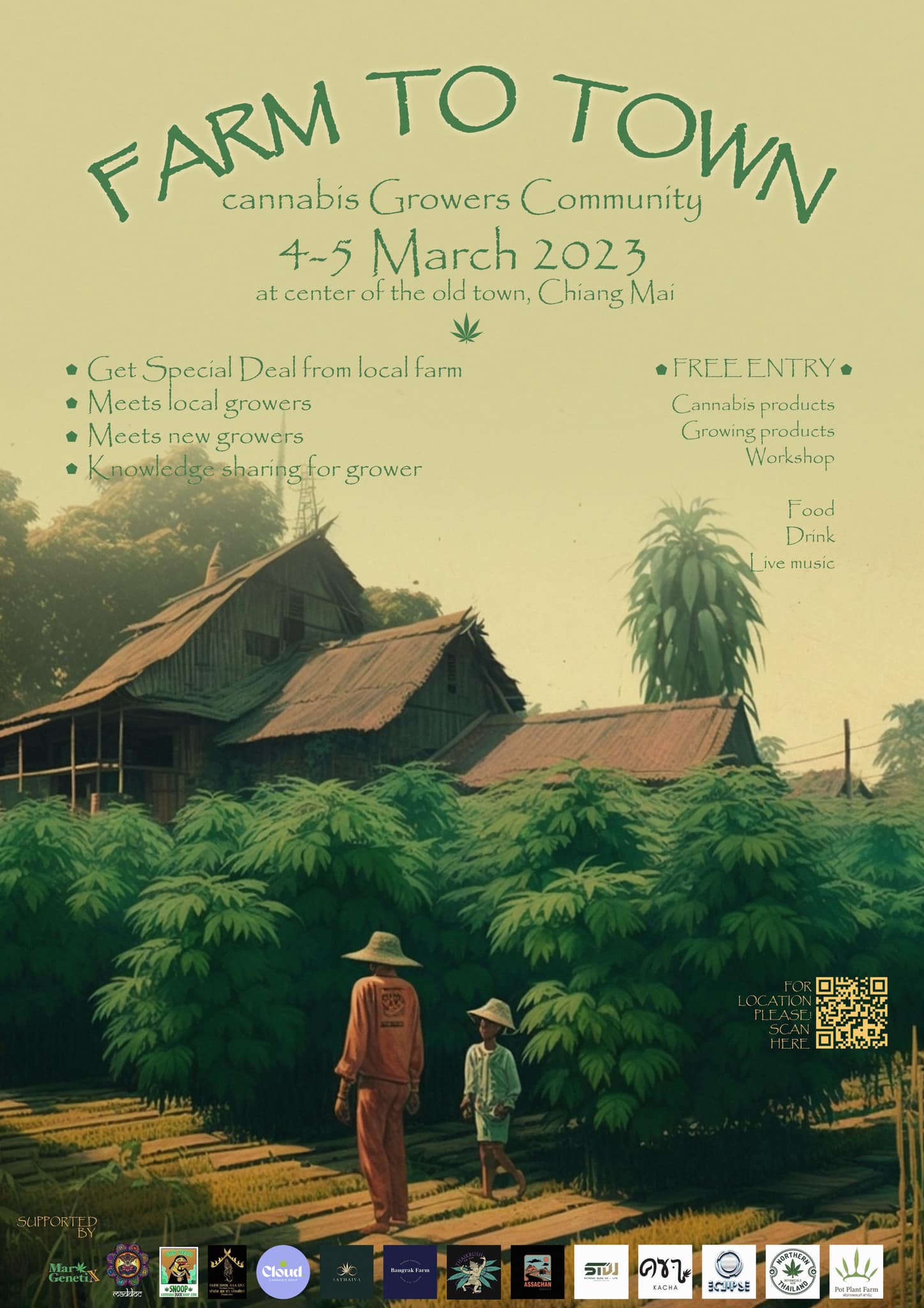 Farm to Town" cannabis grower event poster, March 4-5, Chiang Mai.
