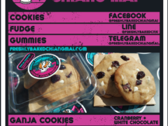 Freshly Baked Chiang Mai: Ganja cookies with cranberry & white chocolate. Cannabis edibles menu, Chiang Mai, Thailand.