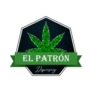 Logo of a cannabis dispensary, "El Patrón," featuring a marijuana leaf design.