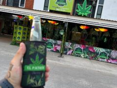 Exterior of El Patron Dispensary and Bar in Hua Hin, Thailand, showing sign and cannabis leaf.
