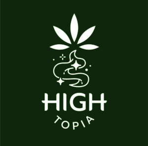 High Topia logo: Stylized cannabis leaf above abstract design, text on green background.
