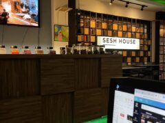 Interior of Sesh House cannabis shop in Krabi, Thailand, featuring flower strains like Lilac Diesel, and green LED lighting.