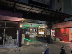 Sesh House cannabis dispensary exterior in Krabi Town, Thailand. Weed shop with coffee and drinks.