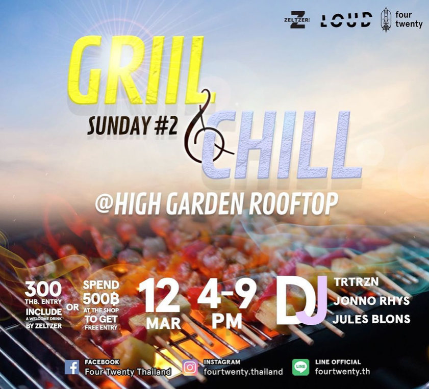 Flyer for a "Grill & Chill" event with skewers on a grill and event details.