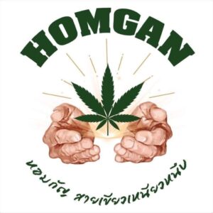 HOMGAN" logo with cannabis leaf held by two hands.