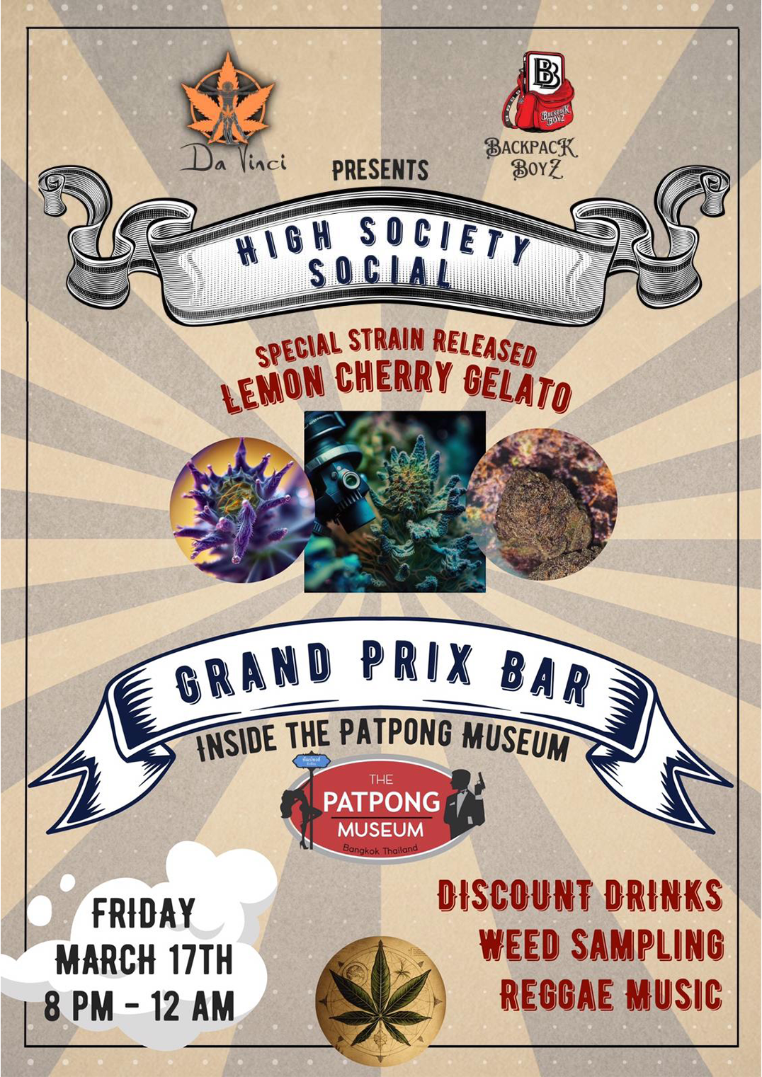 Flyer for High Society Social weed event, Lemon Cherry Gelato strain, Grand Prix Bar, Patpong Museum Bangkok.