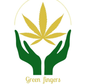 Green hands holding a gold cannabis leaf, with "Green fingers" text.