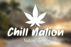 Chill Nation natural remedy logo with cannabis leaf against a blurred sunset background.