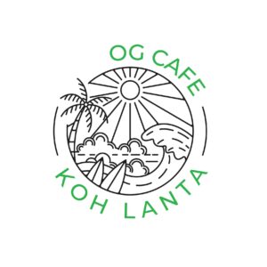 OG Cafe Koh Lanta logo with a sun, palm trees, waves, and surfboards inside a circle.