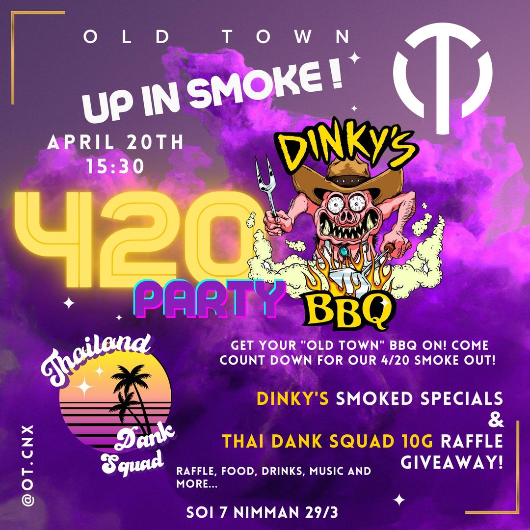 Flyer for a 420 party BBQ at Dinky's Old Town, April 20th, featuring smoked specials and a raffle.