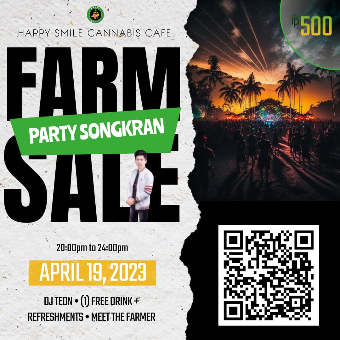 Farm Party Songkran Sale" event poster; crowd, stage, DJ Teon, April 19, 2023, QR code.
