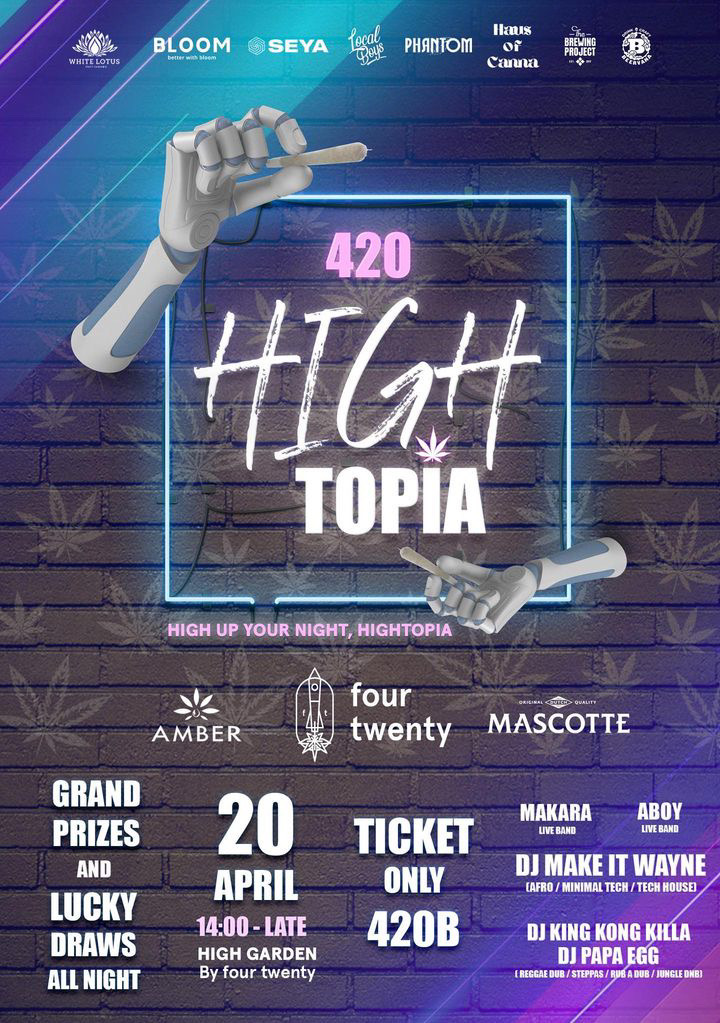 420 Hightopia" event poster with robotic hands holding cannabis cigarettes.