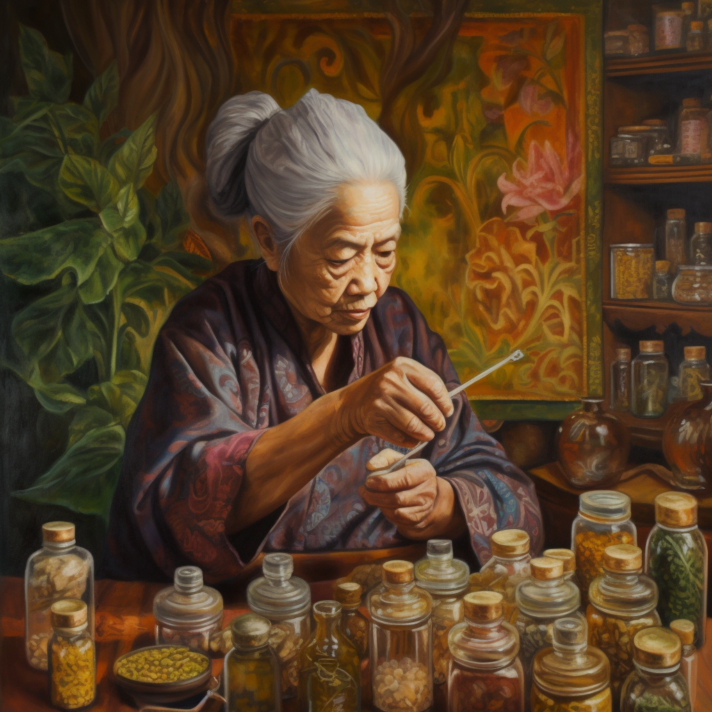 Elderly woman preparing herbal medicine with jars of ingredients.