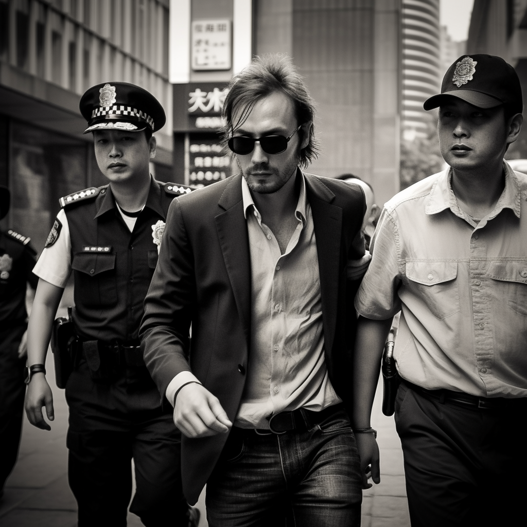 Man in sunglasses escorted by two uniformed officers.