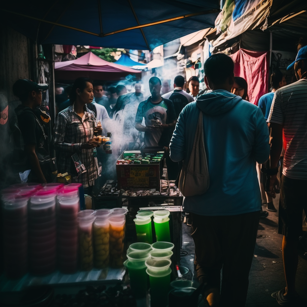 Crowded street market scene with food vendors and diverse shoppers.