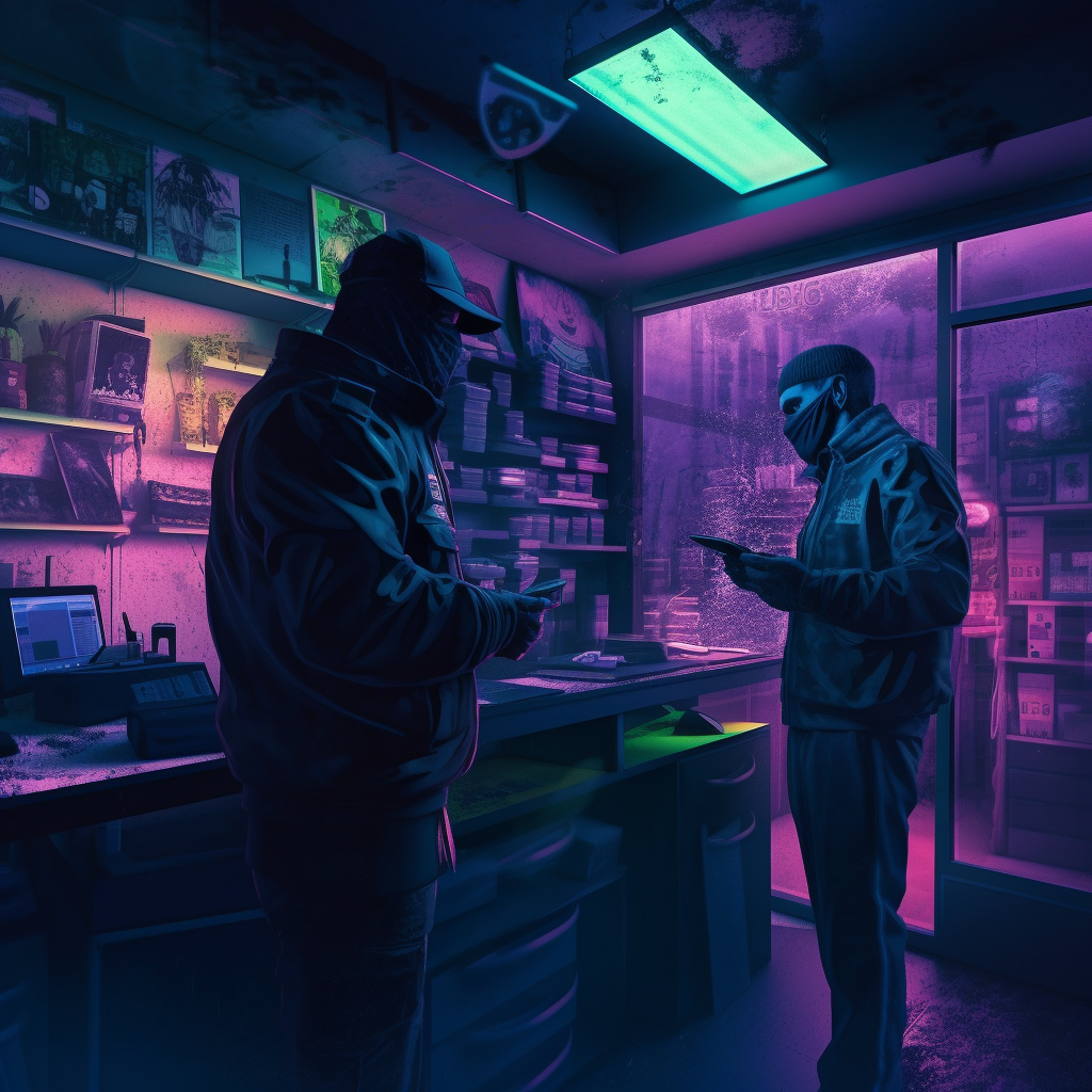 Two masked figures trade at a counter in a neon-lit store.