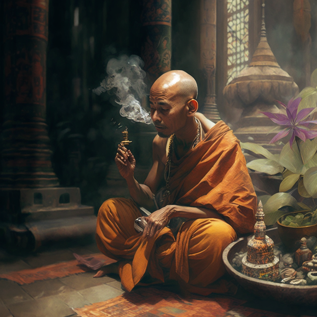 Monk in orange robes smoking incense, seated in temple.