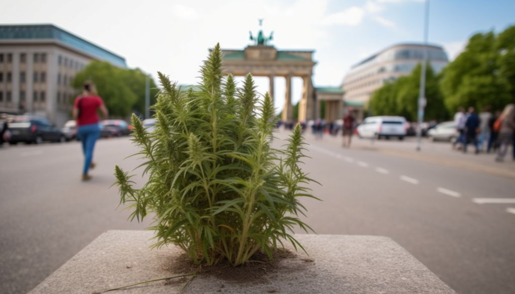 Close-up of plant on concrete base with blurred Brandenburg Gate and people in background.