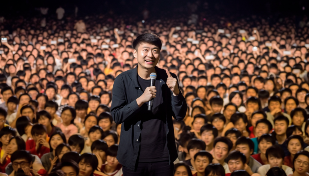 Comedian onstage with microphone, giving thumbs up in front of a large crowd.