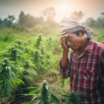 Worried farmer in plaid shirt standing in a field of cannabis plants.