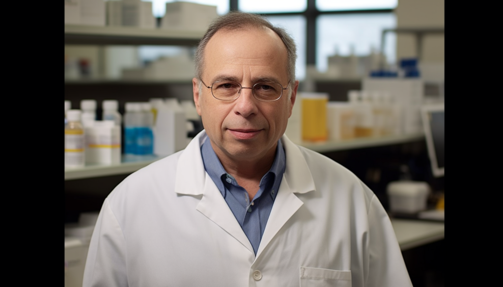 Man in lab coat, eyeglasses, in a laboratory setting.