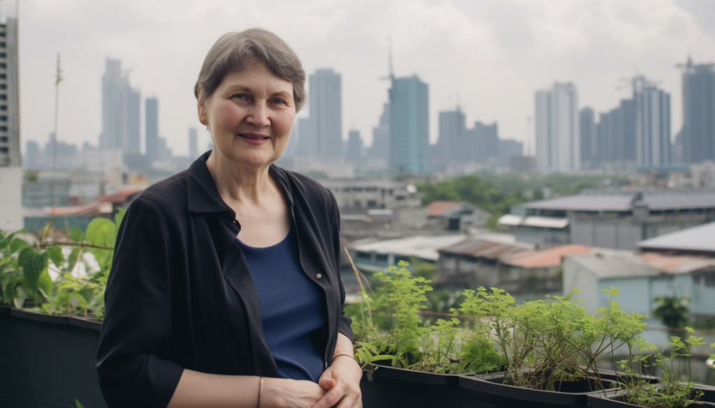 Smiling woman on rooftop garden with city skyline in background.