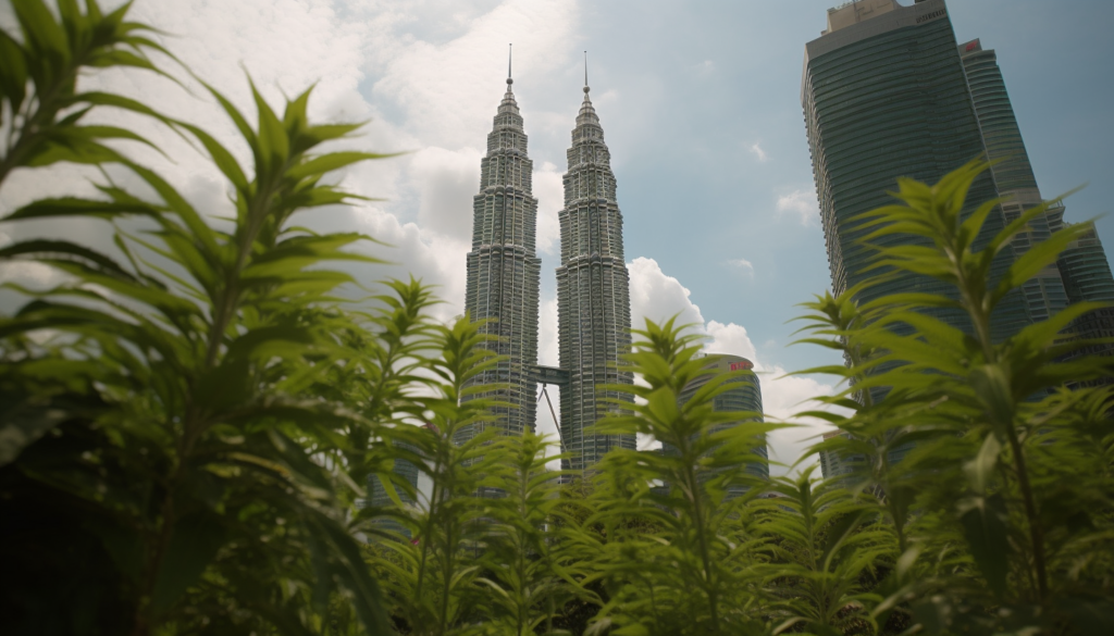 Kuala Lumpur's Petronas Towers seen through green foliage.