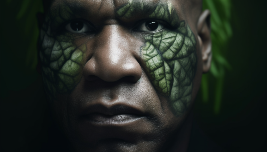 Close-up of a person's face with a green leaf pattern painted on the skin.