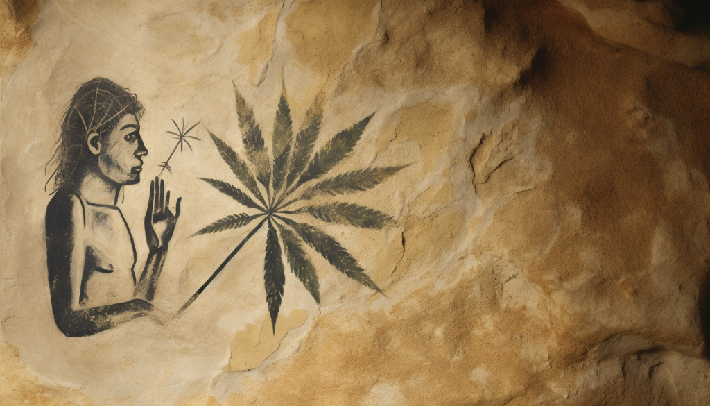 Cave painting of figure reaching for marijuana leaf.