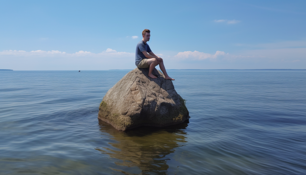 Man sits on a large rock in the water under a blue sky.
