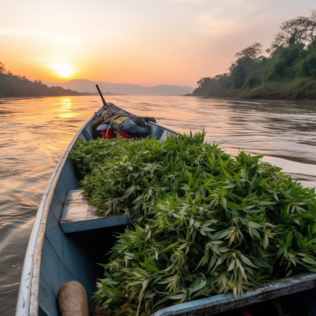 Boat filled with green plants on a river at sunset, with trees along the river banks.