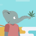 Cartoon elephant holding a cannabis leaf.
