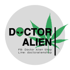 Doctor Alien logo with alien head and cannabis leaf on gray circle.