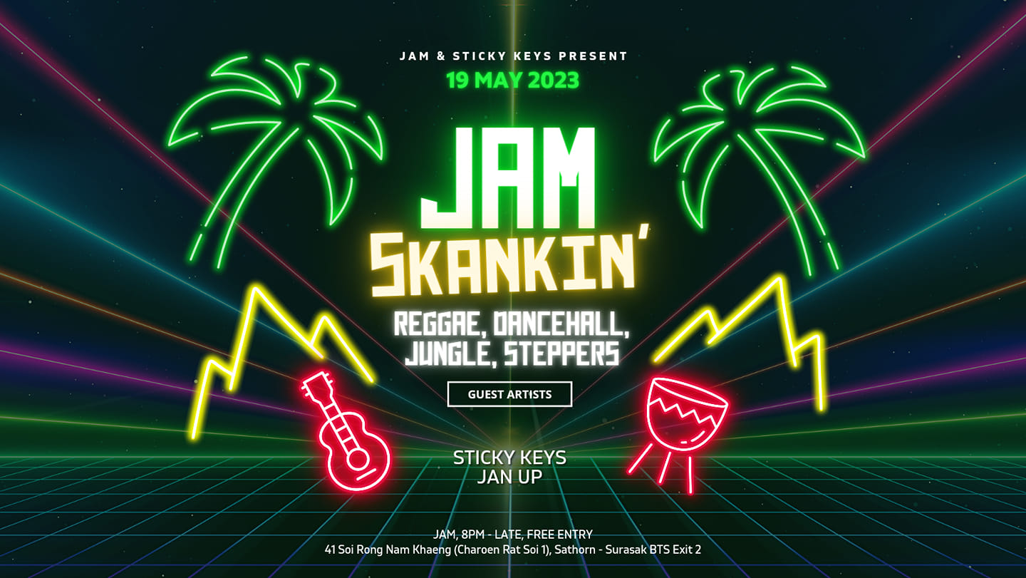 Flyer for a "Jam Skankin'" music event with neon palm trees and instruments.
