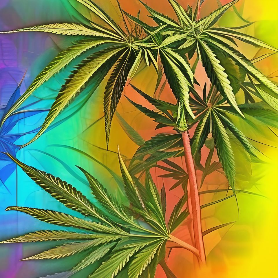 Close-up of a cannabis plant with vibrant, colorful background.