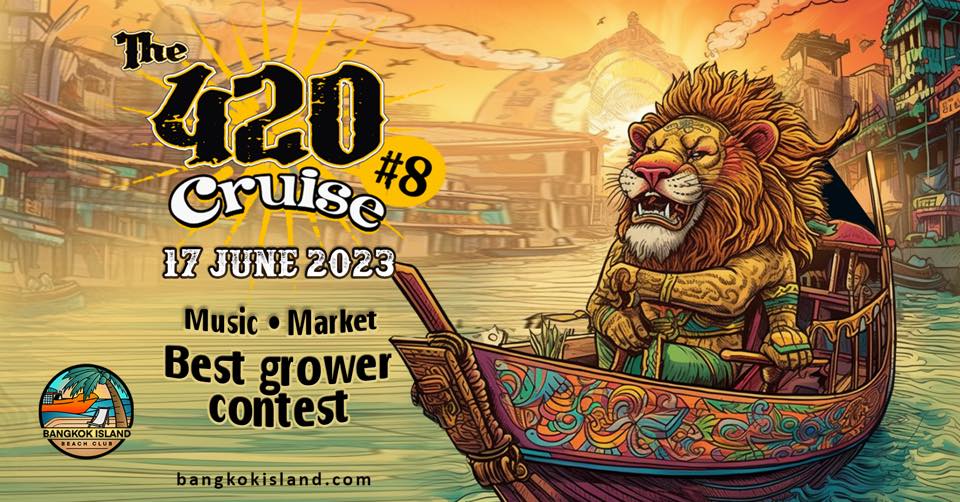 The 420 Cruise" flyer with lion character in boat, Bangkok Island event on 17 June 2023.