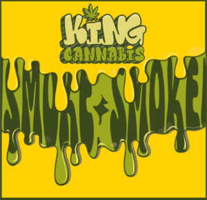 King Cannabis: Smokin' Smoke" dripping text logo with cannabis leaf on yellow background.