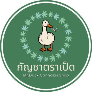 Duck smoking a cannabis cigarette, logo for Mr. Duck Cannabis Shop, surrounded by cannabis leaves in a green circle.
