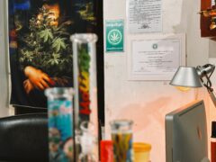 Mr.Duck Cannabis shop interior, Saphan Sung, Bangkok. Mona Lisa tapestry with weed, smoking accessories.
