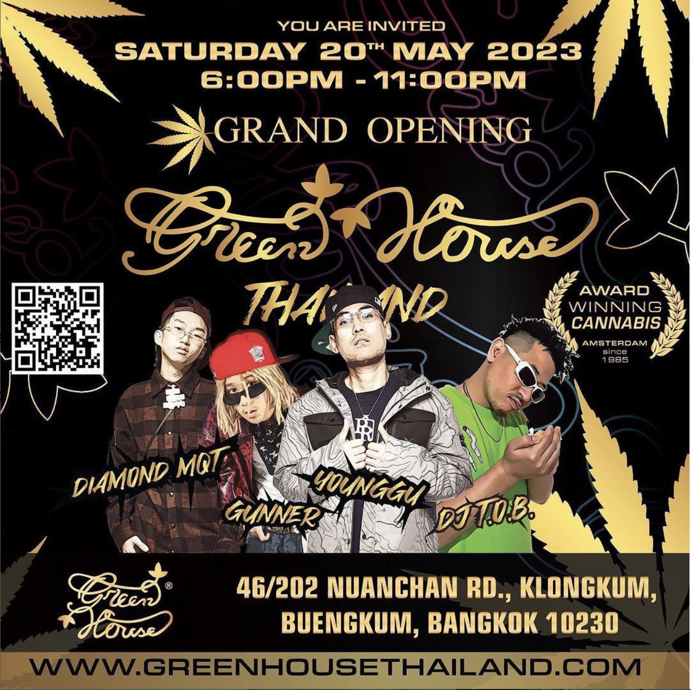 Green House Thailand" grand opening flyer with four performers.