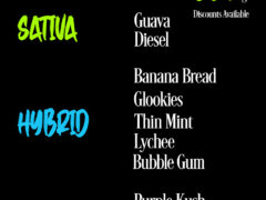 Kush Dee Pattaya cannabis menu: Guava Diesel sativa, Purple Kush indica, Banana Bread hybrid strains; 350 THB/g.