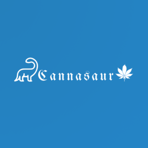 Cannasaur" text with dinosaur and marijuana leaf illustrations in white on a blue background.