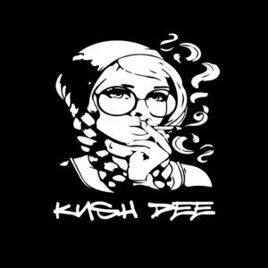 Woman with glasses smoking a cigarette; white silhouette on black background, text "Kush Dee" below.